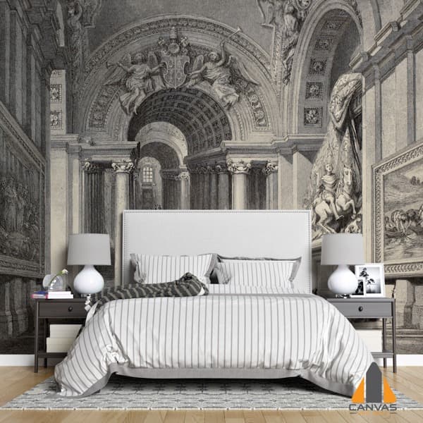 Vintage cityscape wallpaper mural in a modern bedroom, showcasing expert wallpaper installations in Gauteng.