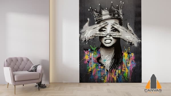 Street art woman with crown wall mural in a modern living room, perfect for wallpaper installations in Gauteng.