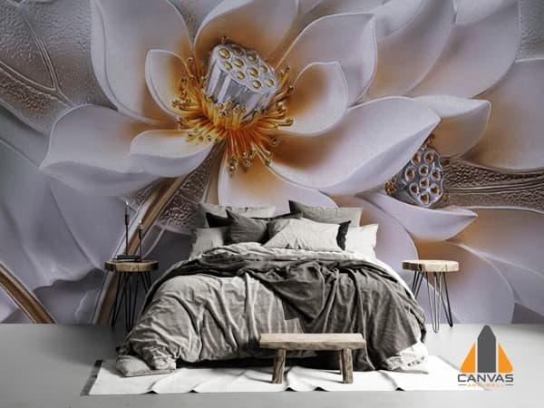 Floral silver flower wallpaper mural in a modern bedroom, perfect for wallpaper installations in Gauteng
