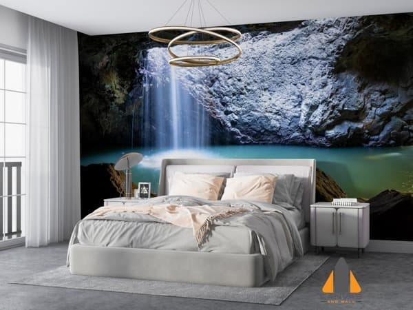 Waterfall wall mural in a modern bedroom, showcasing expert wallpaper installations in Gauteng.