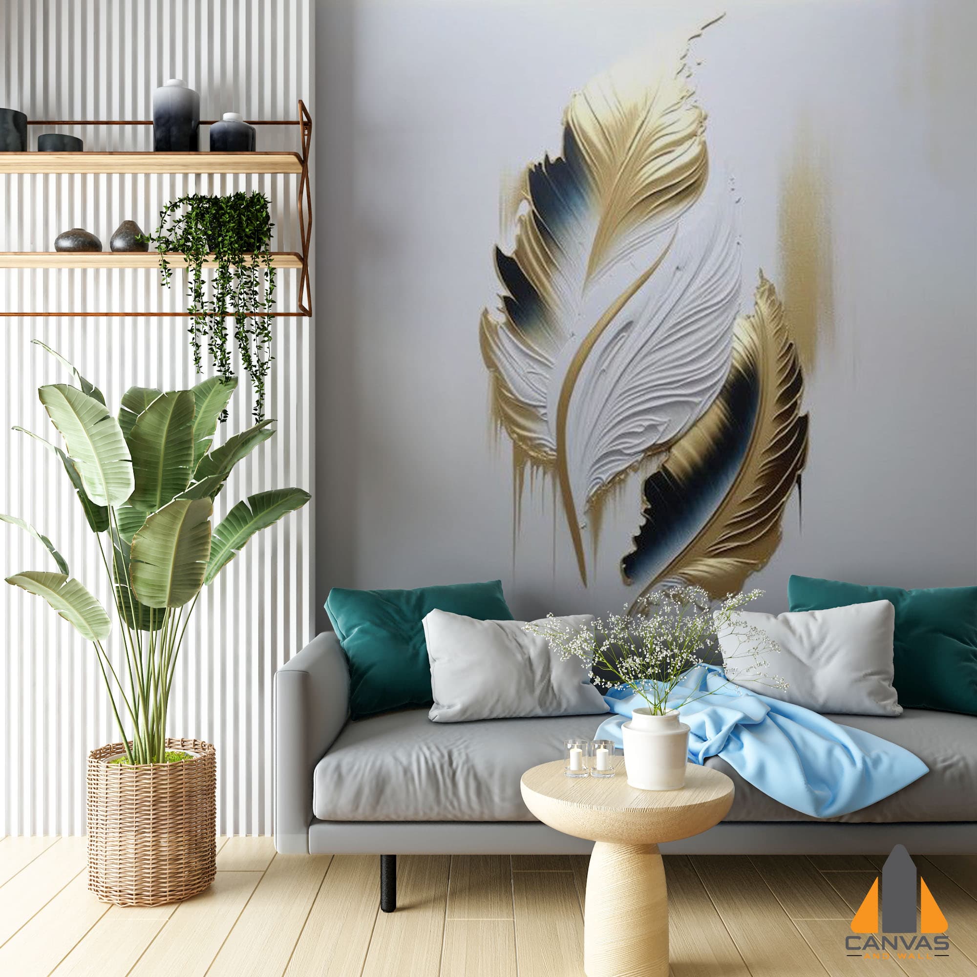 Painted gold and green feathers - wallpaper
