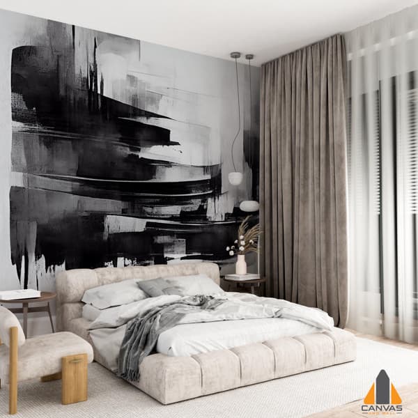 Abstract Black White Oil Painting Brushes Stroke Style Wall Art Print Decor