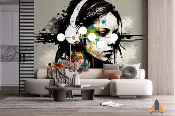 Girl Listens Music With Headphones With Acrylic Paints Canvas Beautiful Interior Poster Stylish Painting Generative Ai