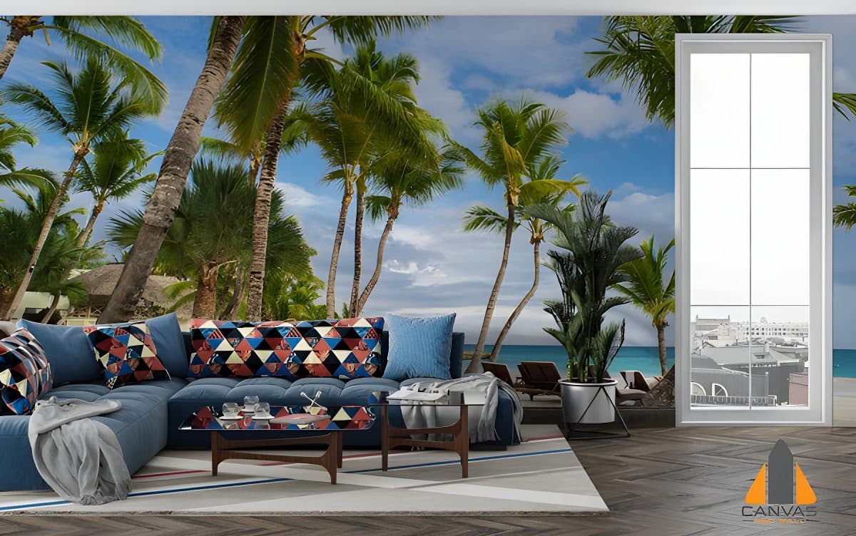Tropical beach wall mural in a modern living room, perfect for wallpaper installations in Gauteng.