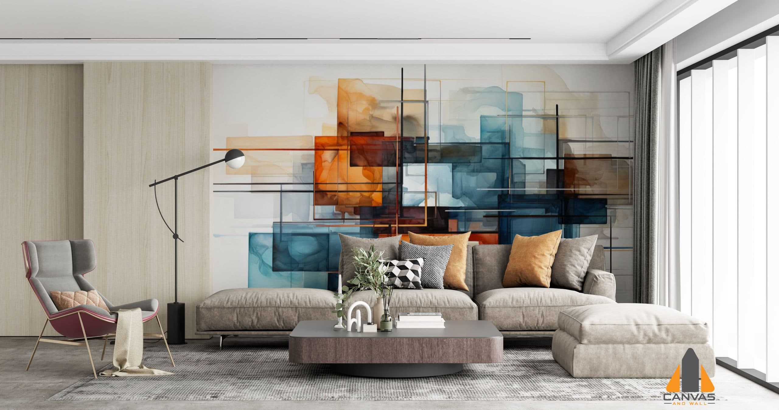 Abstract Colour Play wall mural in a modern living room, perfect for wallpaper installations Johannesburg.