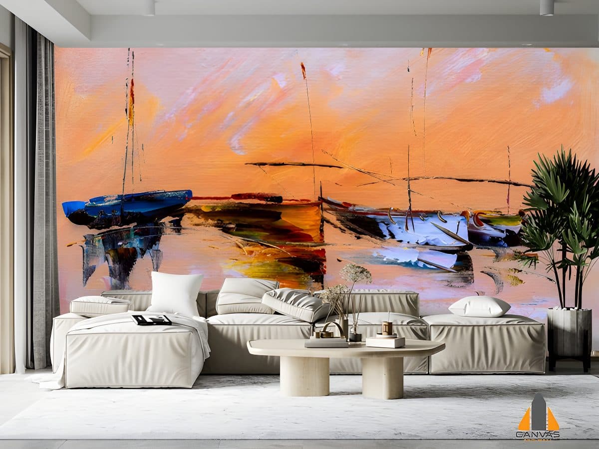 Impressionistic boats on water wall mural in a modern living room, perfect for wallpaper installations in Gauteng.