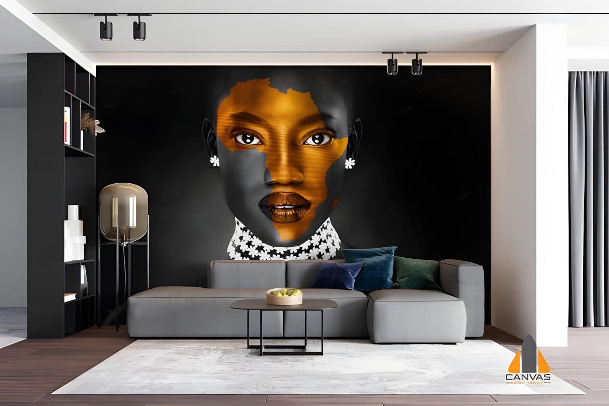 Afrocentric woman wall mural in a modern living room, perfect for wallpaper installations in Gauteng.