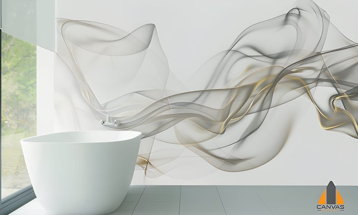 Abstract smoke and gold lines wall mural in a modern bathroom. Wallpaper installations in Gauteng.