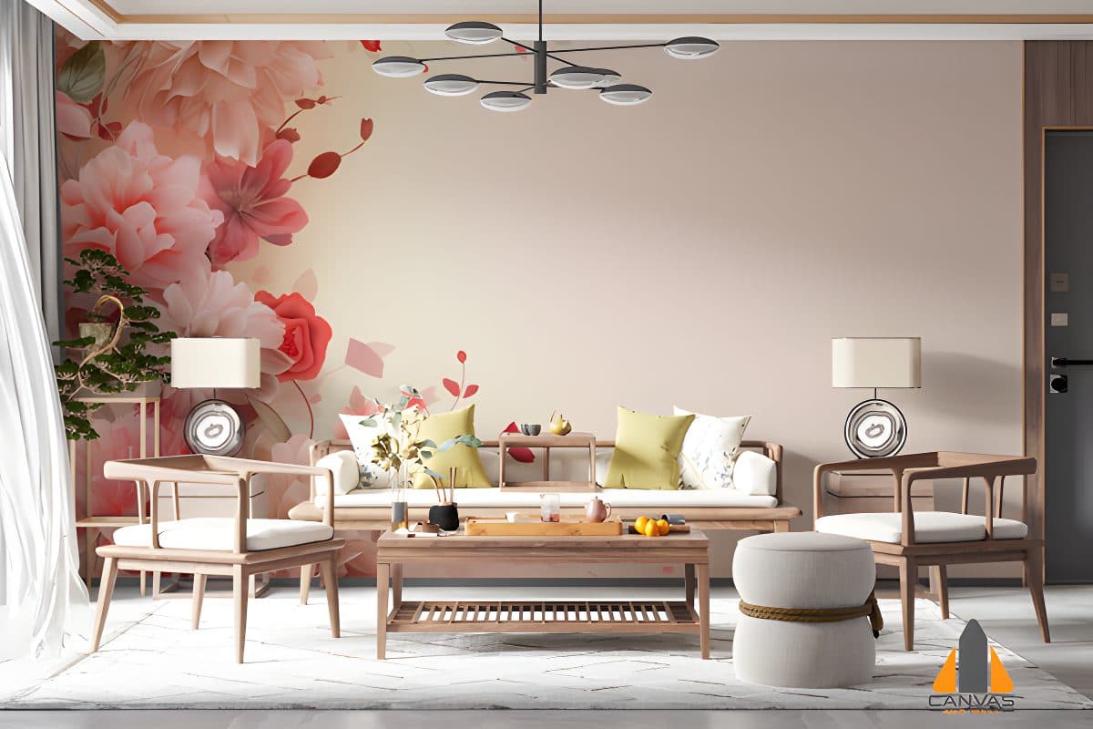 Floral border wall mural in a modern living room, expertly installed by our team in Gauteng.