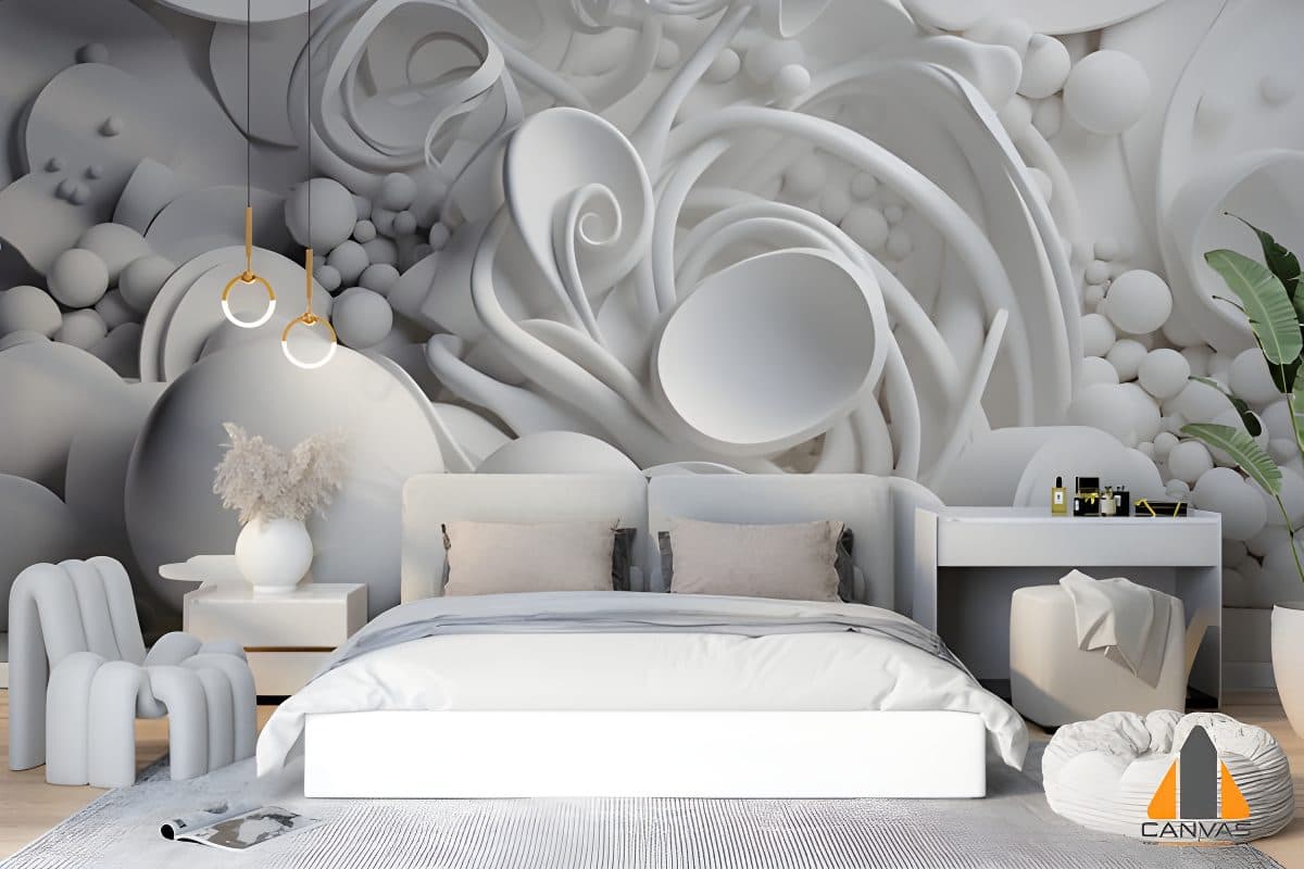 White 3D art wall mural in a modern, minimalistic bedroom with a white bed and furniture.