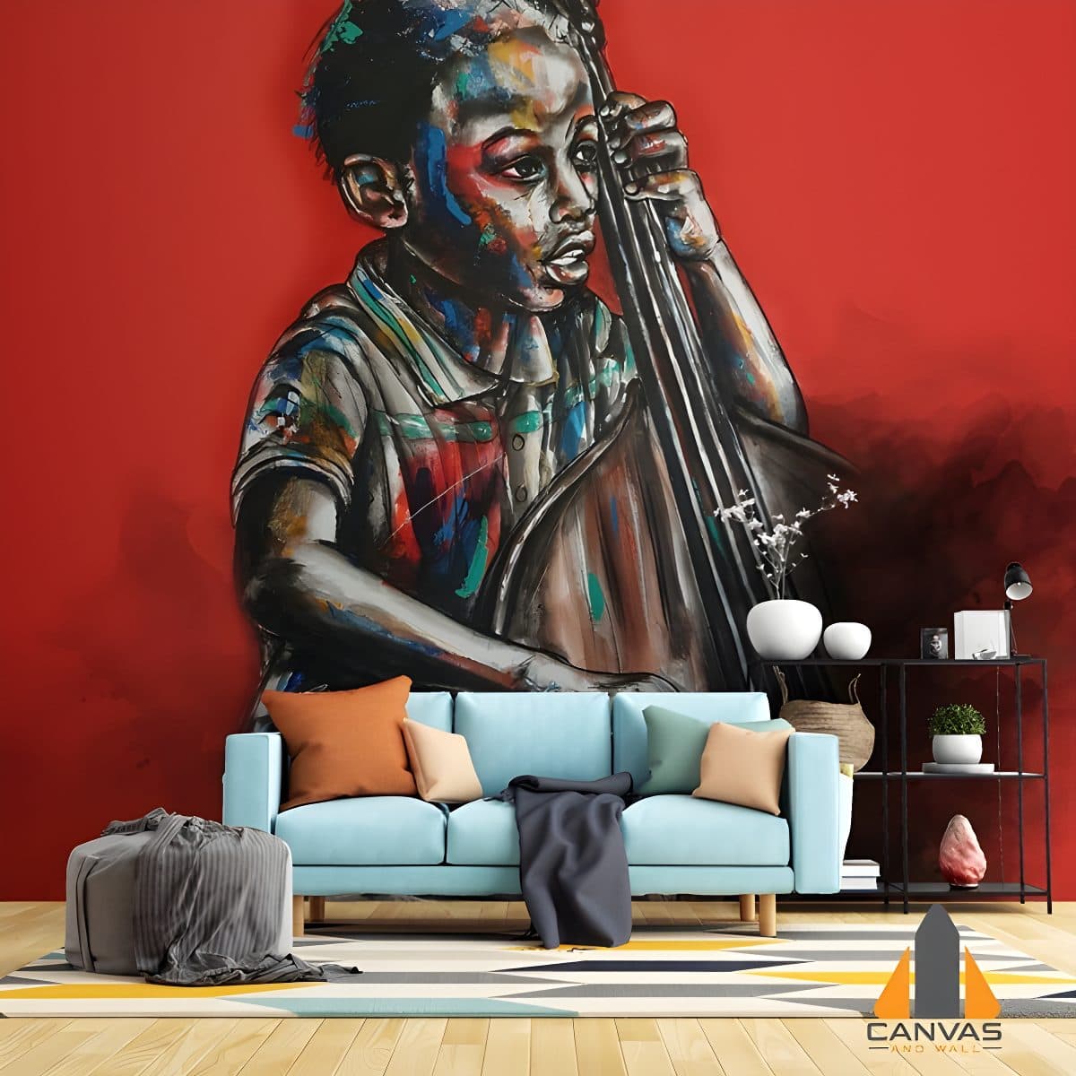 Vibrant Young Guitarist wall mural in a modern living room, expertly installed by our team.