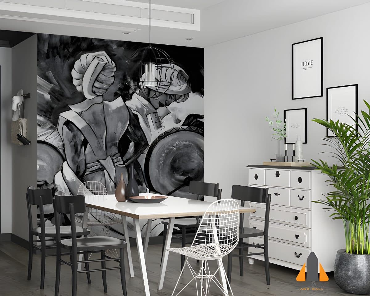 Black and white wall mural of two women dancing in a modern dining room setting, installed in Gauteng.