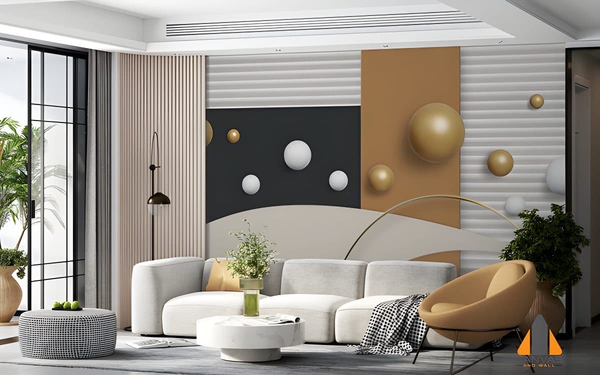 Abstract geometric wall mural with spheres in a modern living room for wallpaper installations Johannesburg.