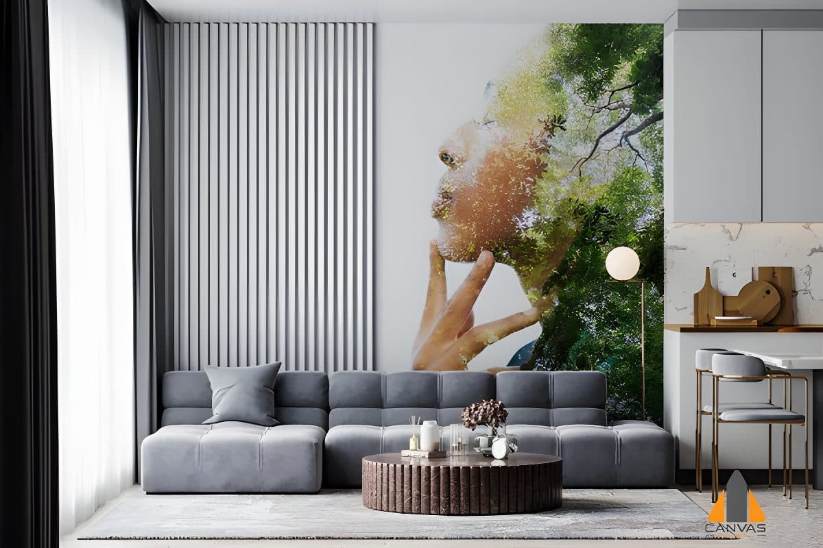 Double exposure portrait wall mural in a modern living room, expertly installed by our team in Gauteng.