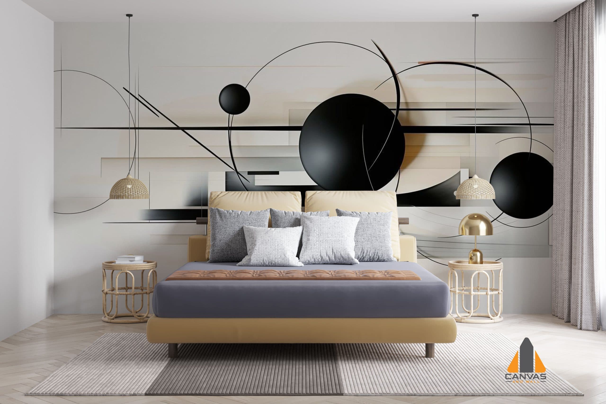 Geometric circles custom wallpaper feature in a modern bedroom with two bedside tables and lamps.