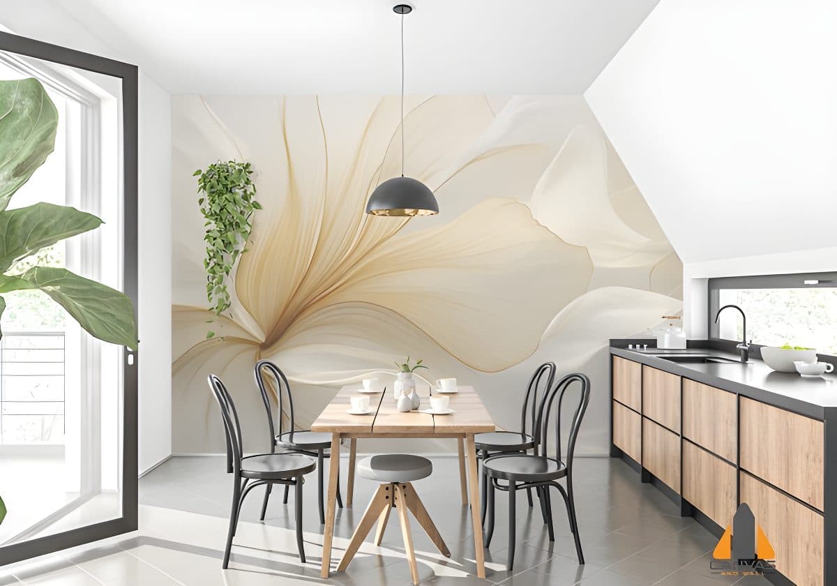 White and gold swirls wall mural in a modern dining area, installed by wallpaper professionals in Johannesburg.