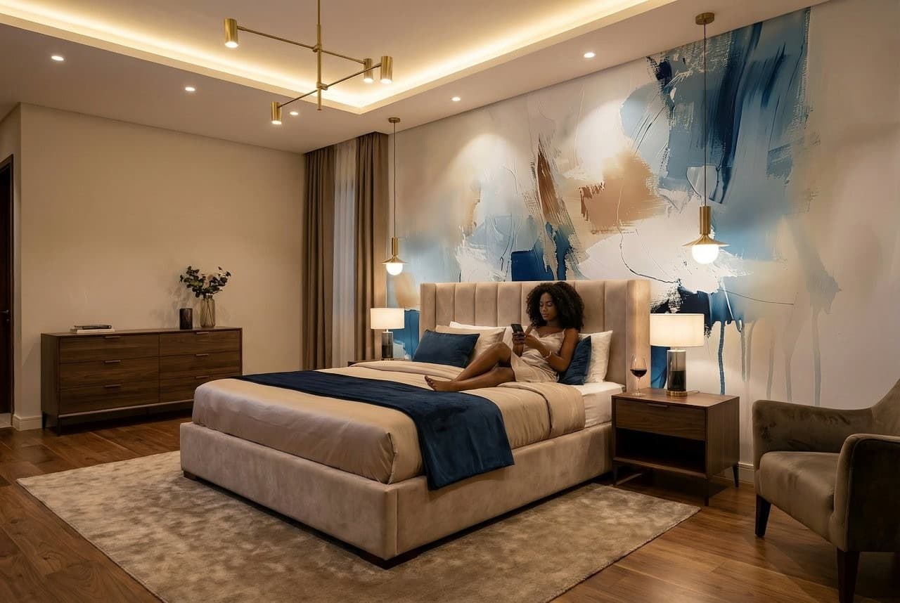Blue and brown brushstroke wall mural behind a woman in a modern bedroom.