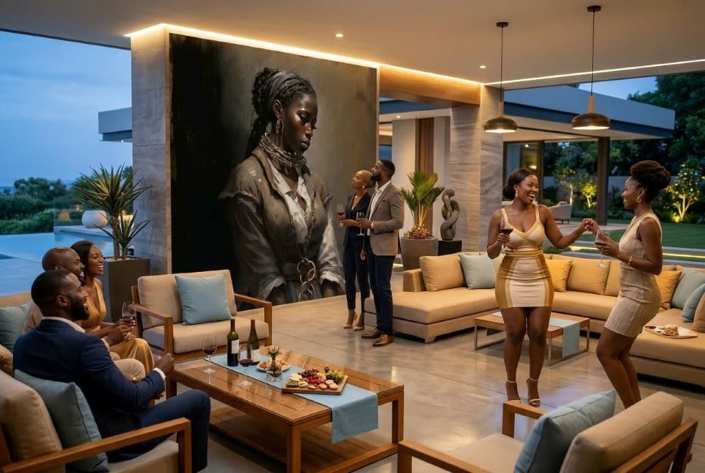 A traditional African woman wall mural in a modern living room with people mingling.