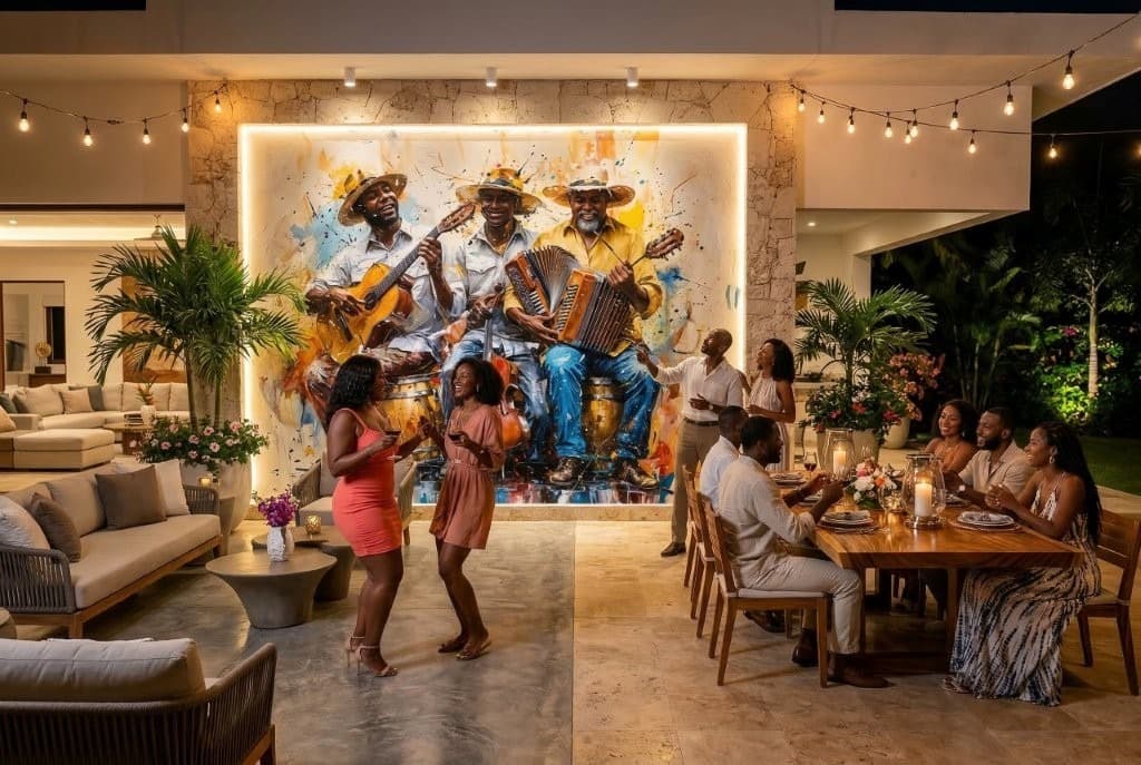 People enjoying a party with a large musical trio wall mural in a modern outdoor living space.