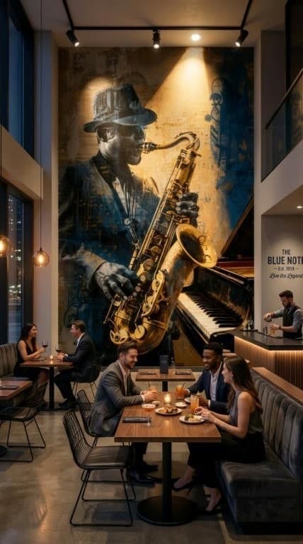 Jazz musician wall mural in a restaurant with people dining, showcasing custom wallpaper installations.