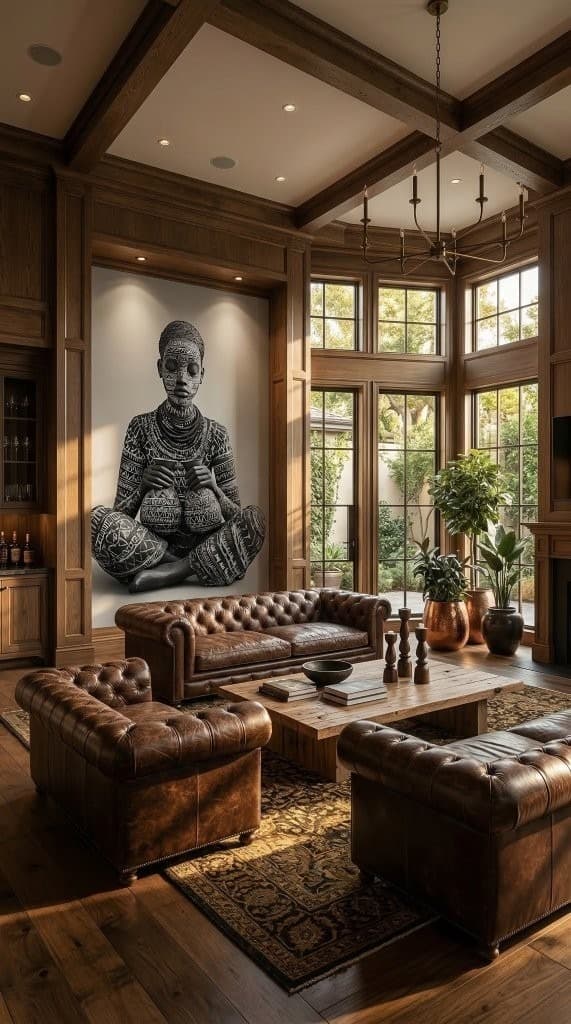 Tribal Woman in Meditation wall mural in a grand living room with leather sofas.