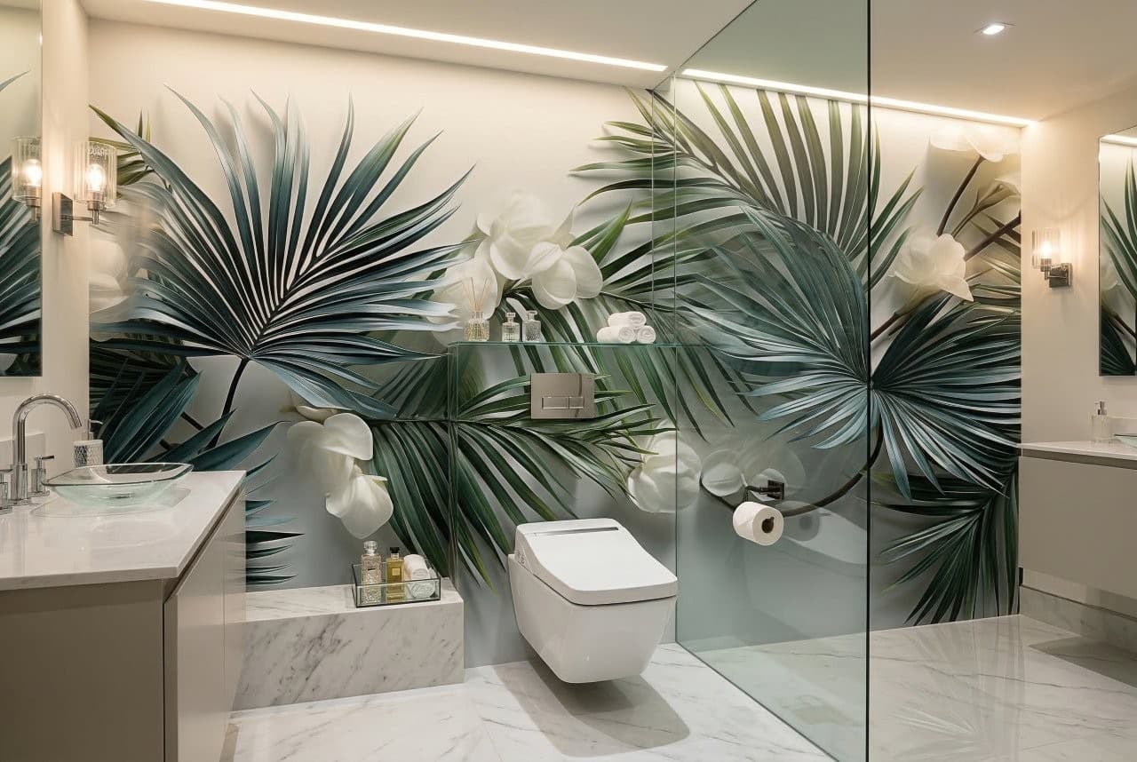 Tropical palm fronds and white flowers wall mural in a modern bathroom setup.