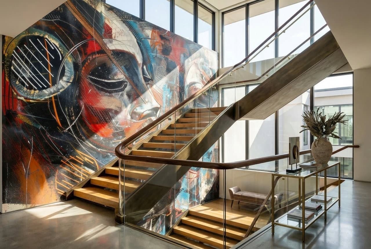 Stairwell Abstract Face wall mural in a modern home with stunning natural light.