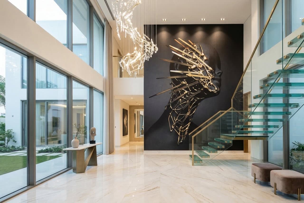 Golden Abstract Figure wall mural in a grand contemporary foyer with glass stairs.