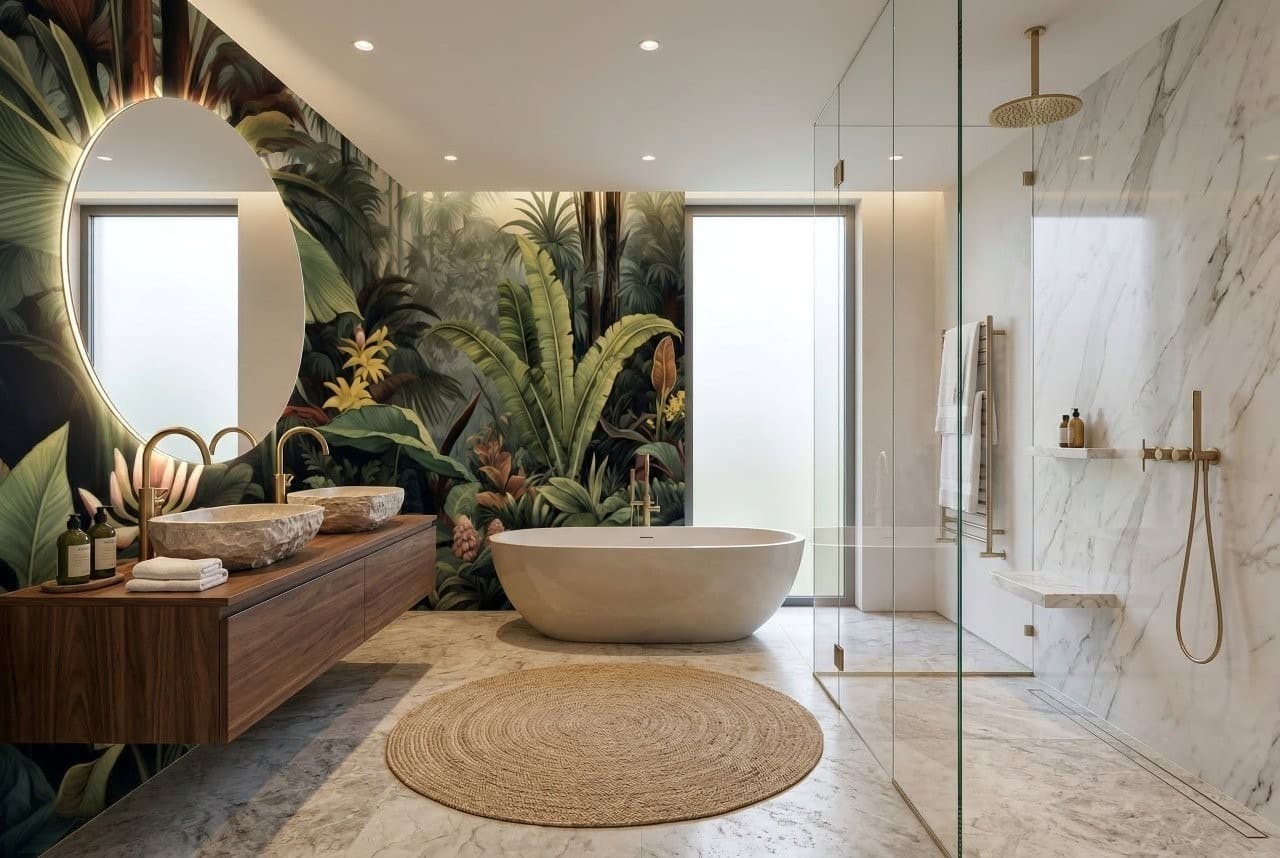 Tropical jungle wall mural in a modern bathroom with a freestanding tub and double vanity.