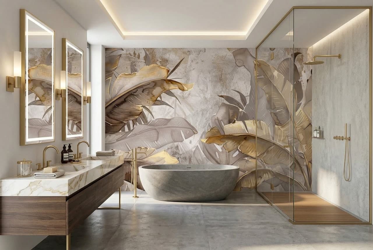 Opulent bathroom with a Golden Banana Leaf wallpaper in Gauteng.