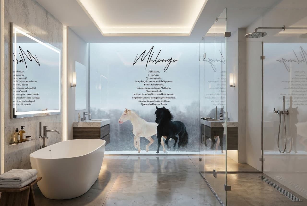 White and black horses against mist in a modern bathroom with a custom wallpaper wall mural.