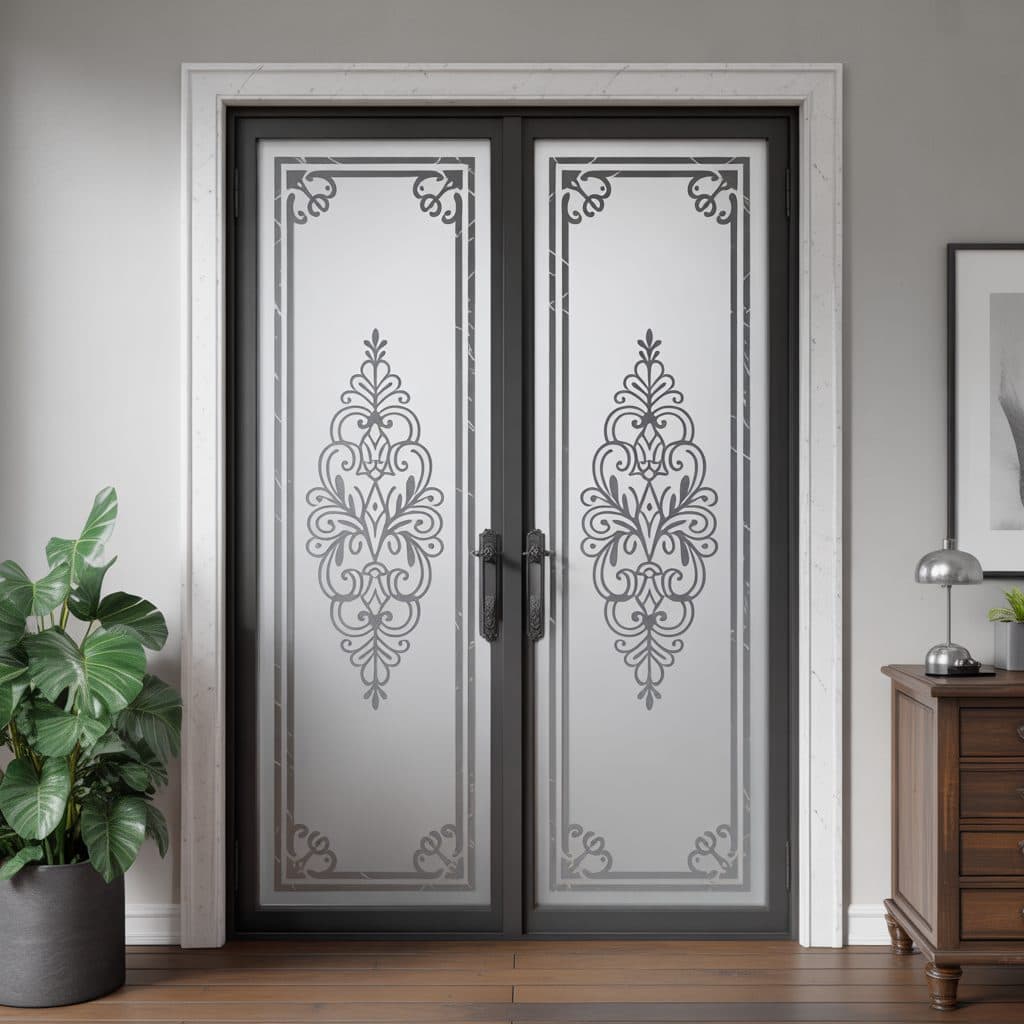 Double doors with Classic Scrollwork Frosting design, perfect for home privacy or office decor in Gauteng.