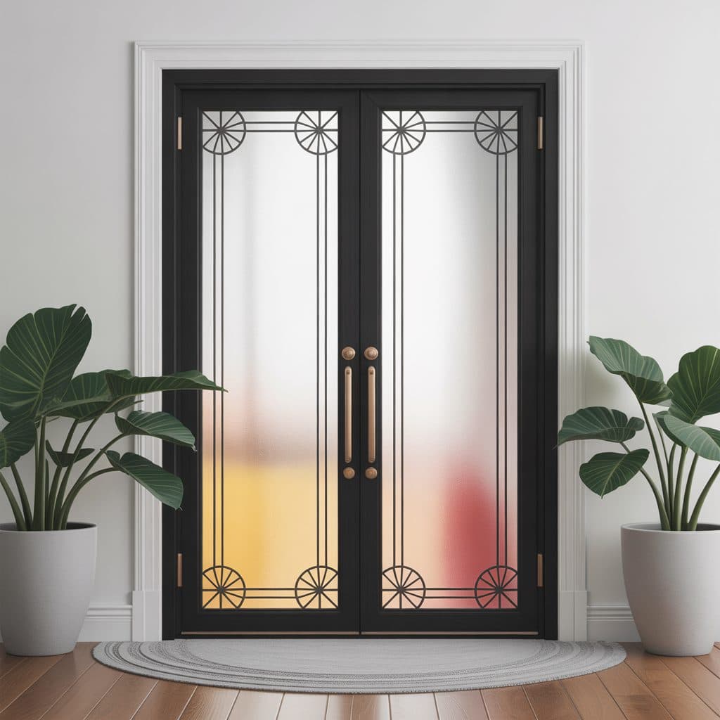 Art Deco frosted window film on black double doors with plants, ideal for wallpaper installations in Gauteng.