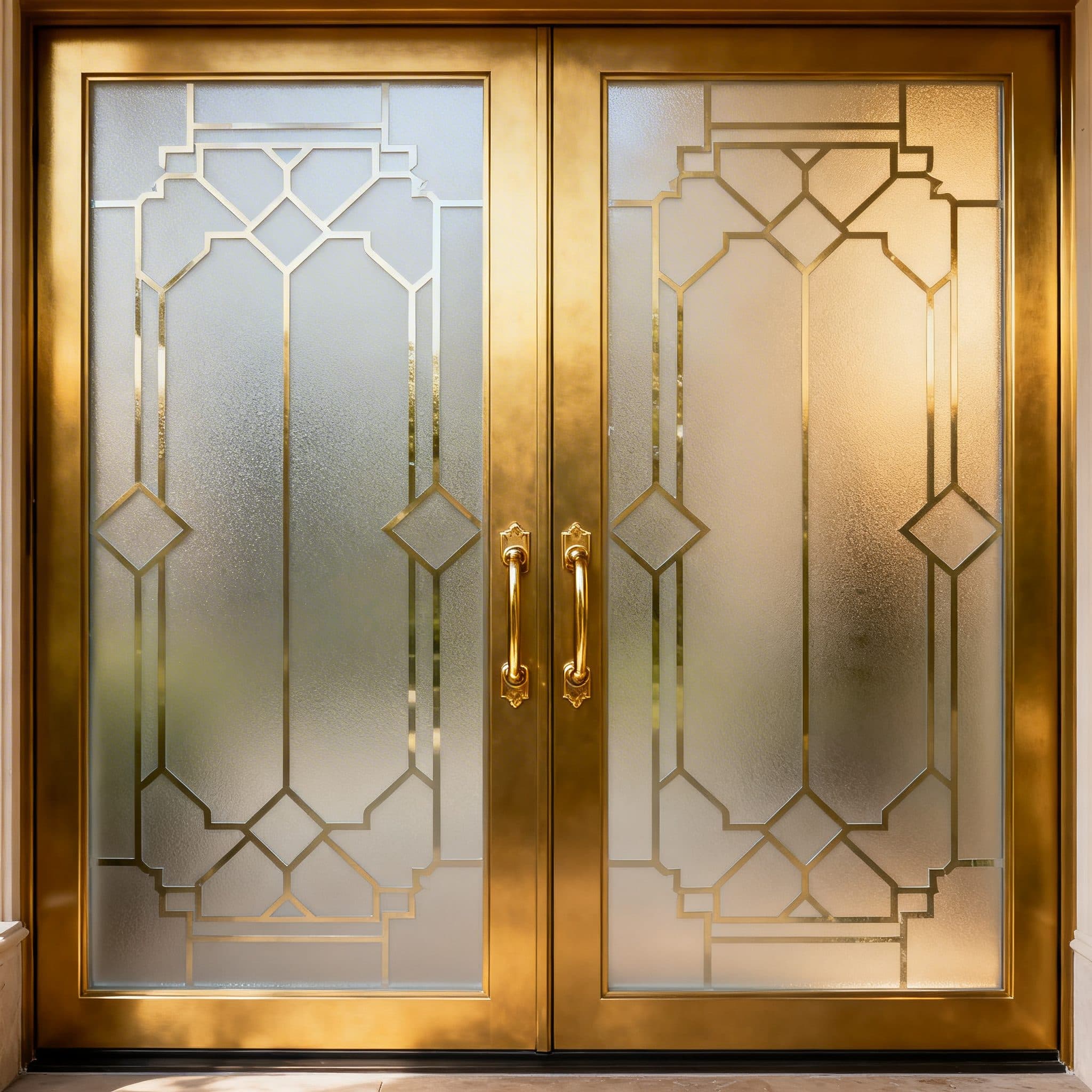 Golden geometric frosted glass doors, ideal for custom wallpaper installations.