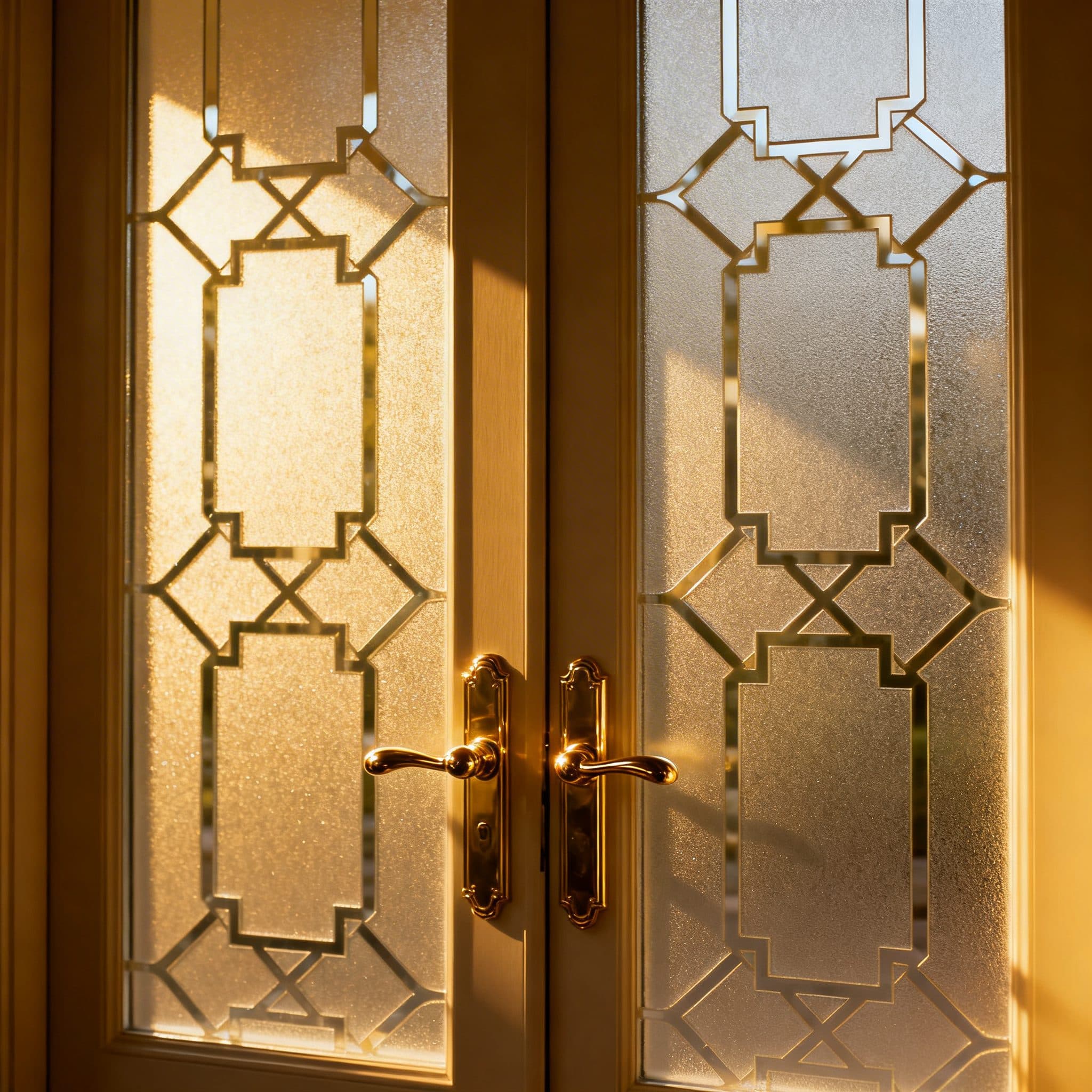 Sunlight shining through double doors with frosted glass and geometric patterns, a unique custom wallpaper installation.