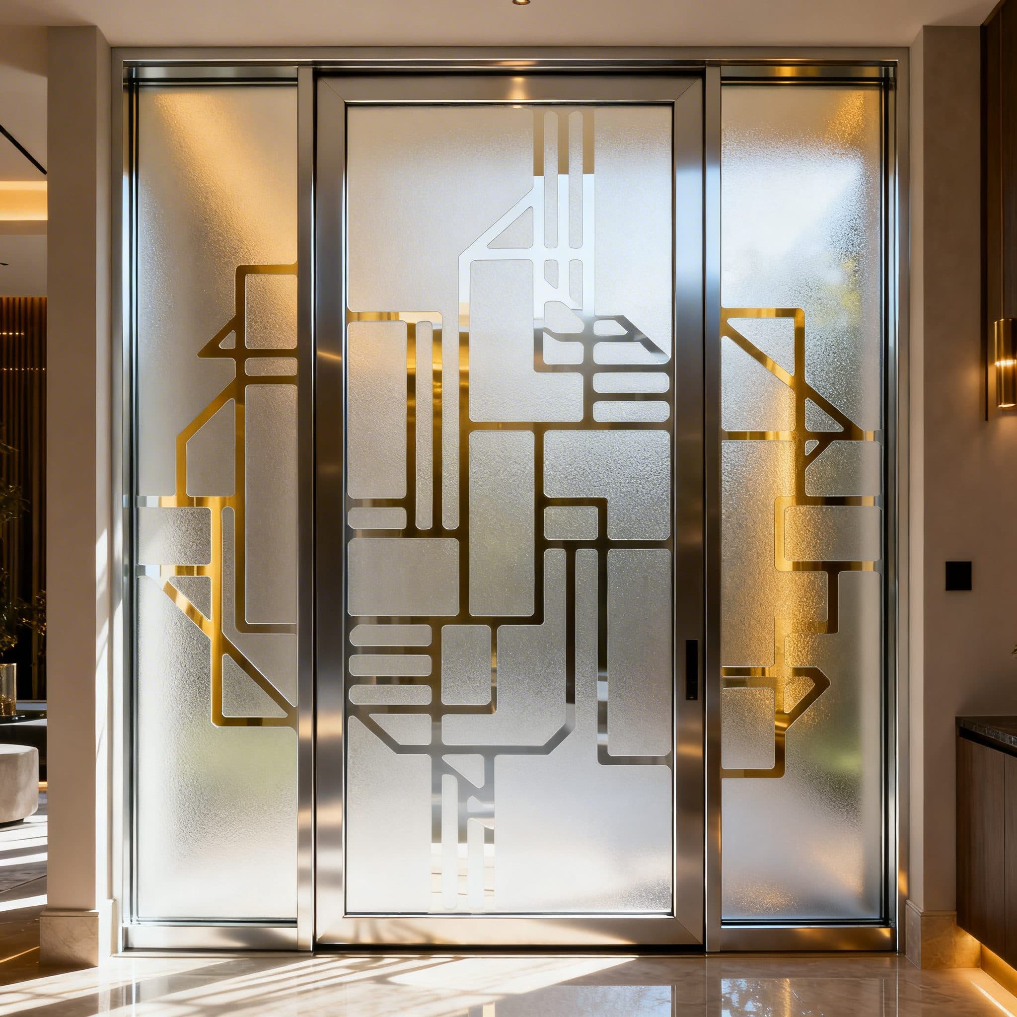 Sliding glass door with an abstract geometric gold frost design.
