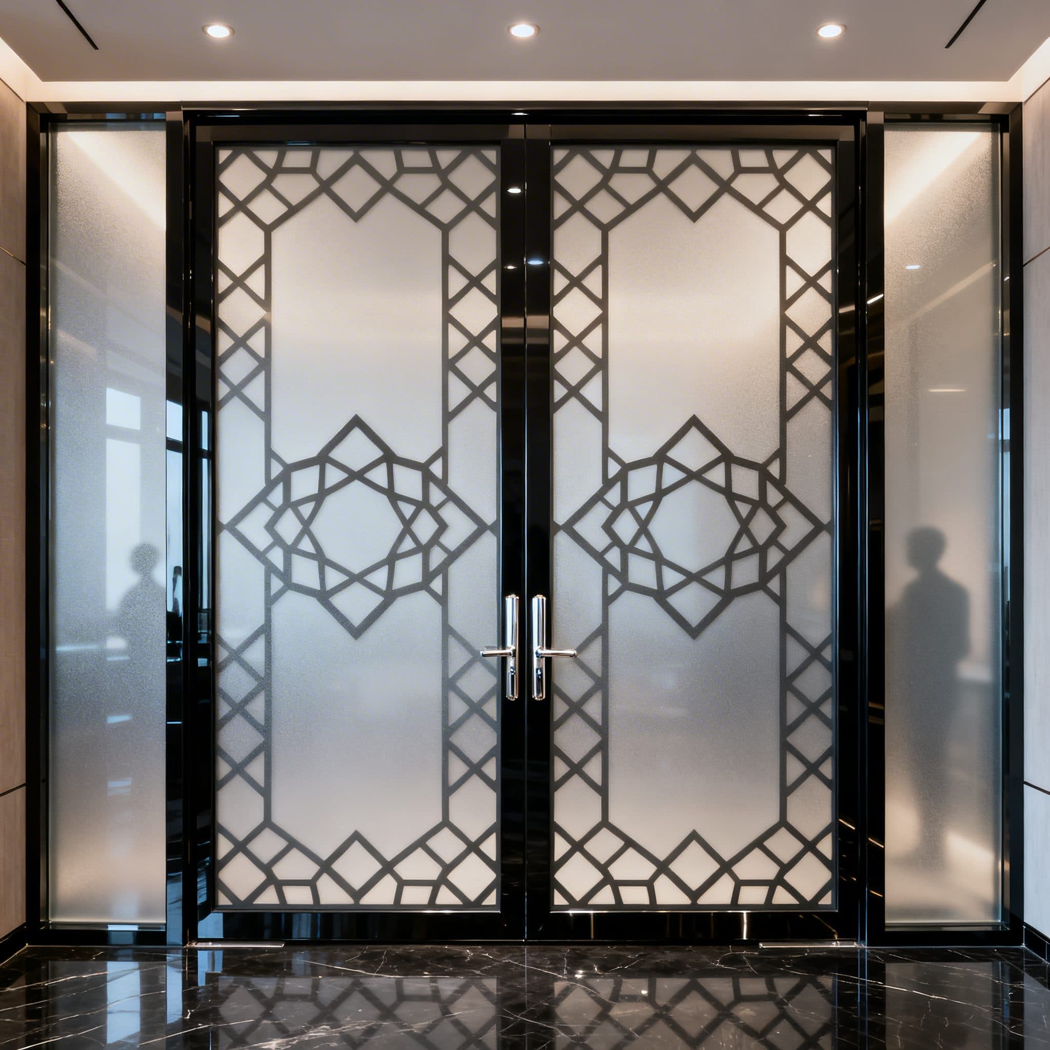 Modern geometric privacy film window frosting design on double doors, perfect for wallpaper installations in Johannesburg.