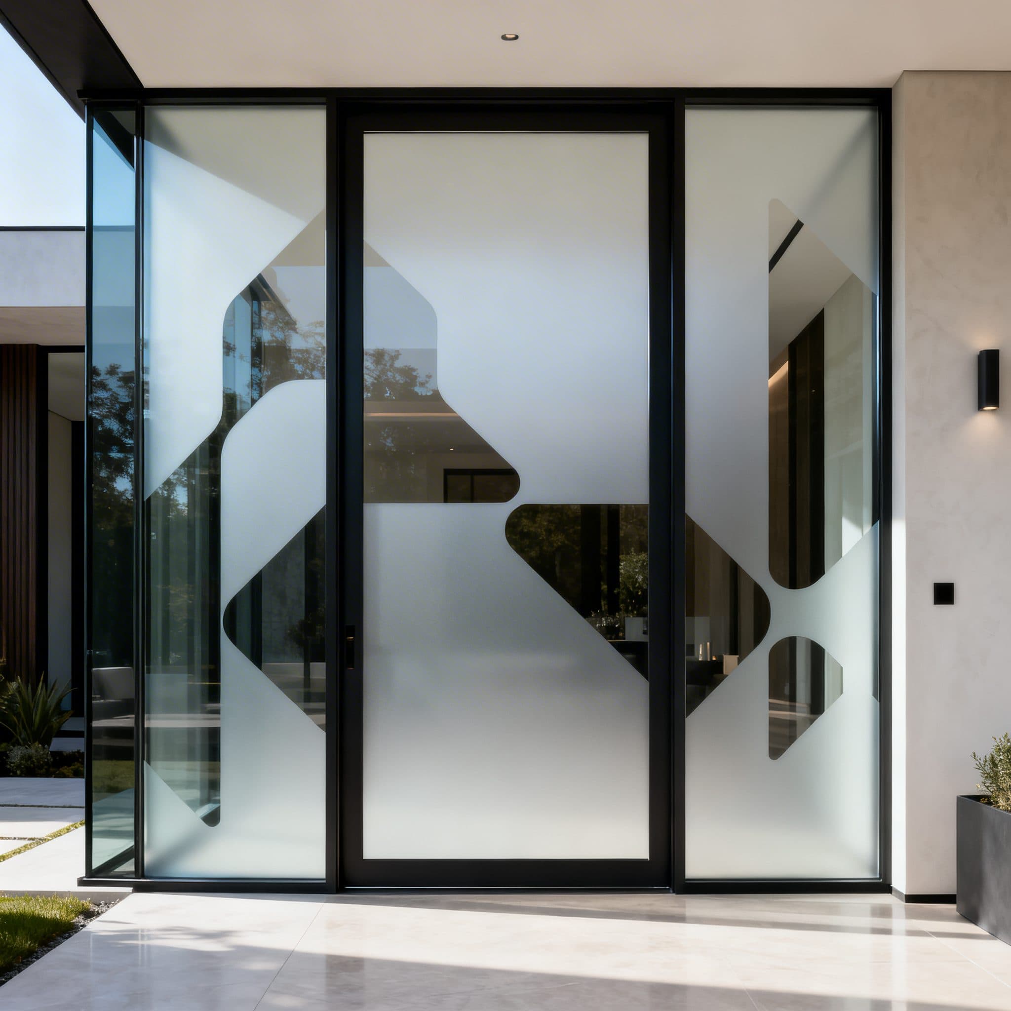 Modern frosted glass doors with custom organic abstract patterns, ideal for bespoke wallpaper installations.