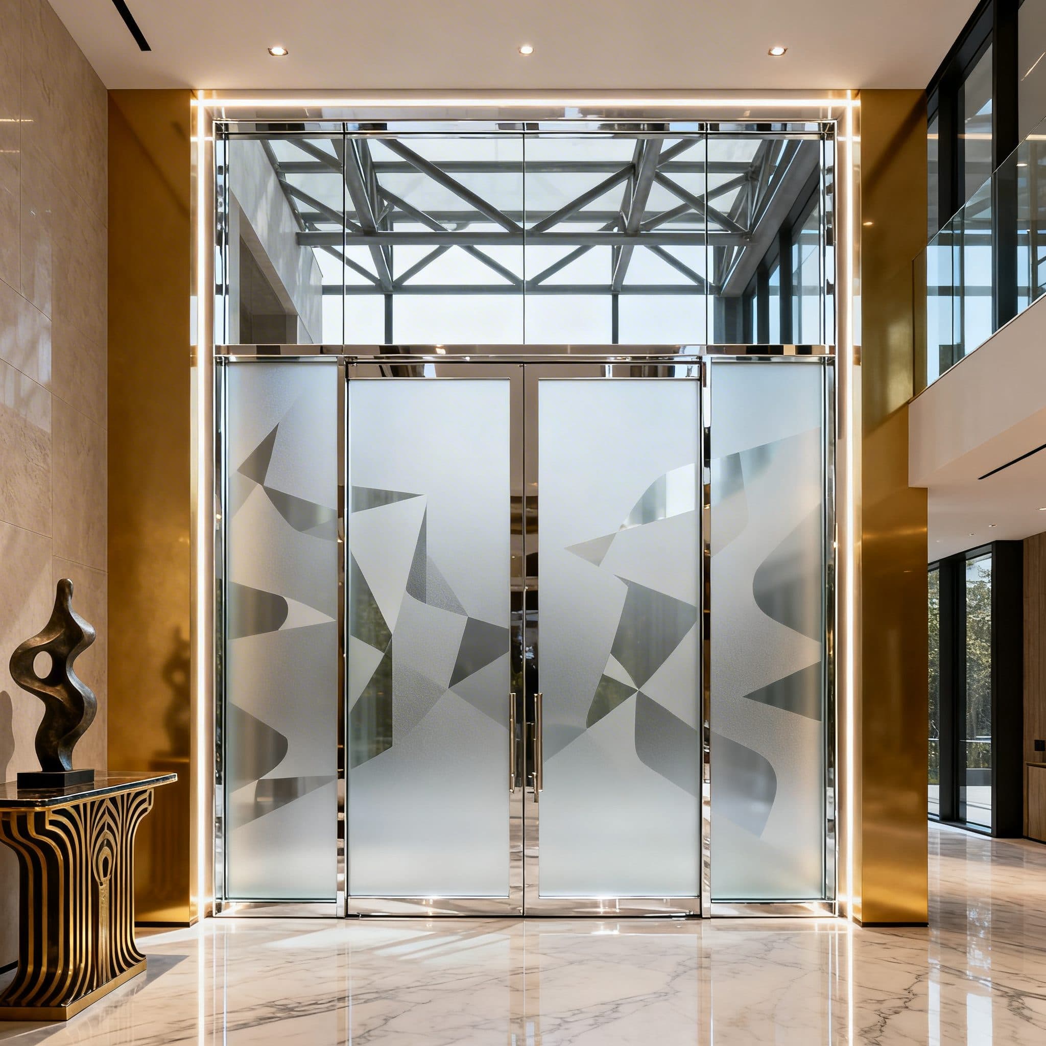 Frosted glass entrance with an abstract geometric pattern, perfect for custom wallpaper installations.