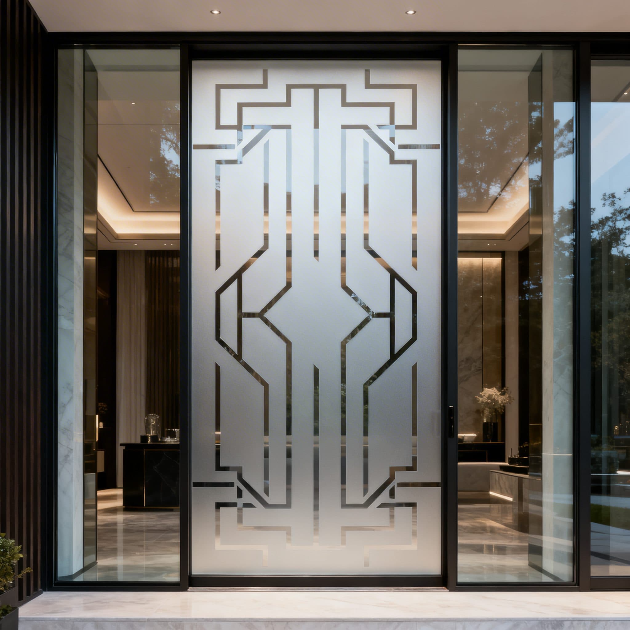 Glass doors with an Art Deco frosting pattern, a stylish custom wallpaper installation for privacy.