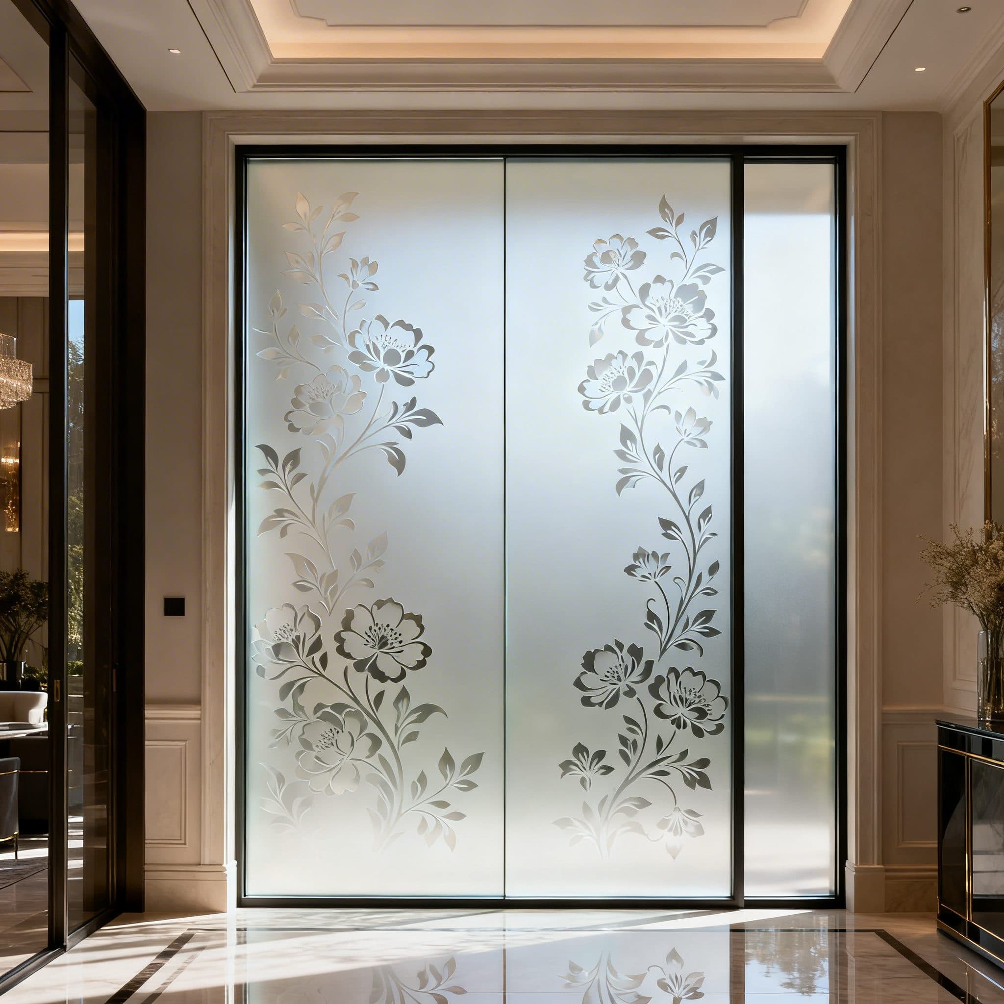 Elegant floral frosted glass window in a luxurious entryway. Custom wallpaper installations for every home.