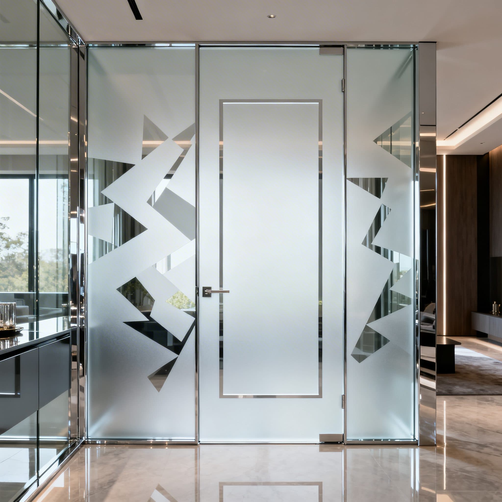 Modern zigzag privacy film on glass partitions and door in a stylish office, ideal for wallpaper installations Johannesburg.