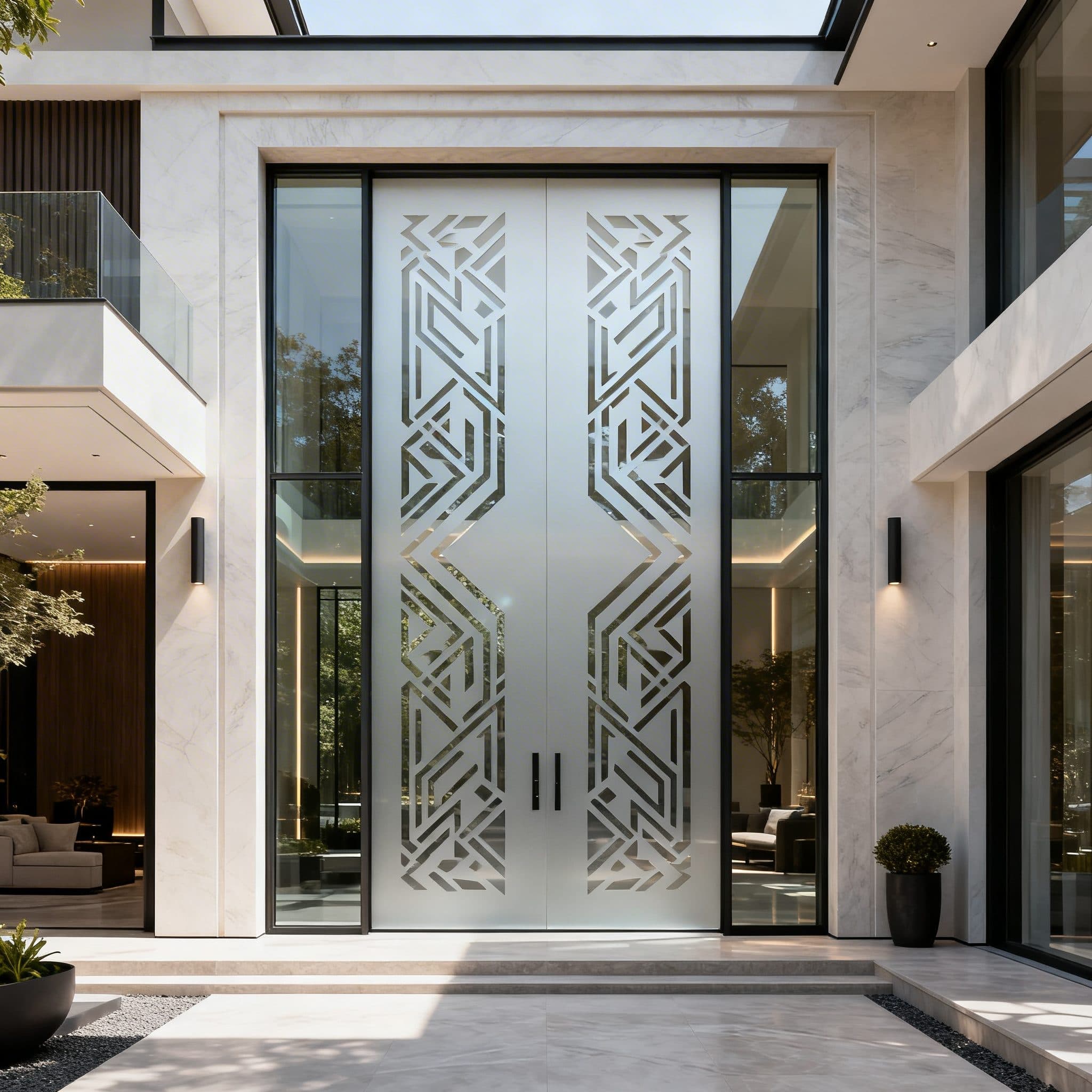 Frosted entrance doors with an ornate geometric design, enhancing this modern home's facade.