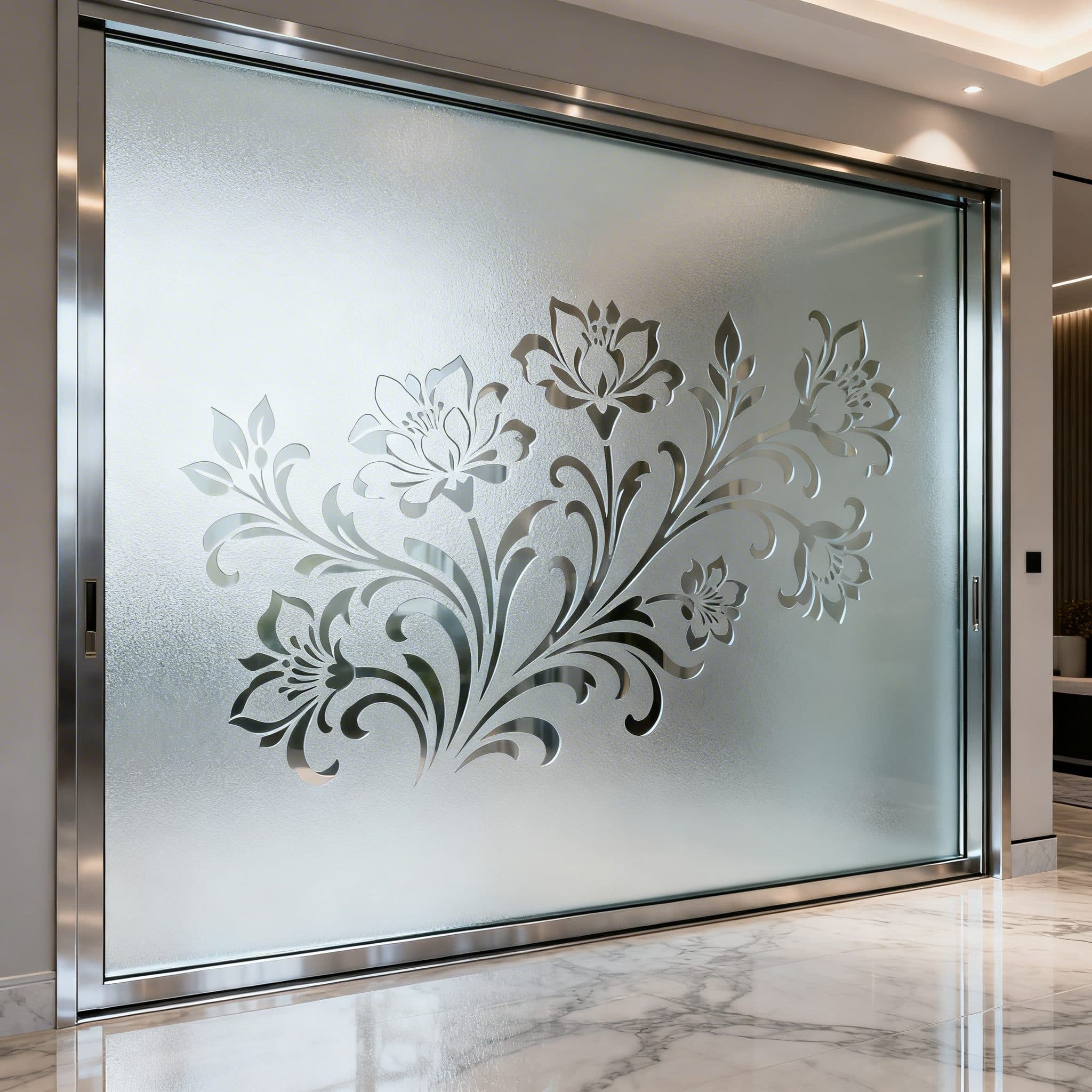 Sliding glass door with frosted floral design, like a custom wallpaper installation in a modern space.