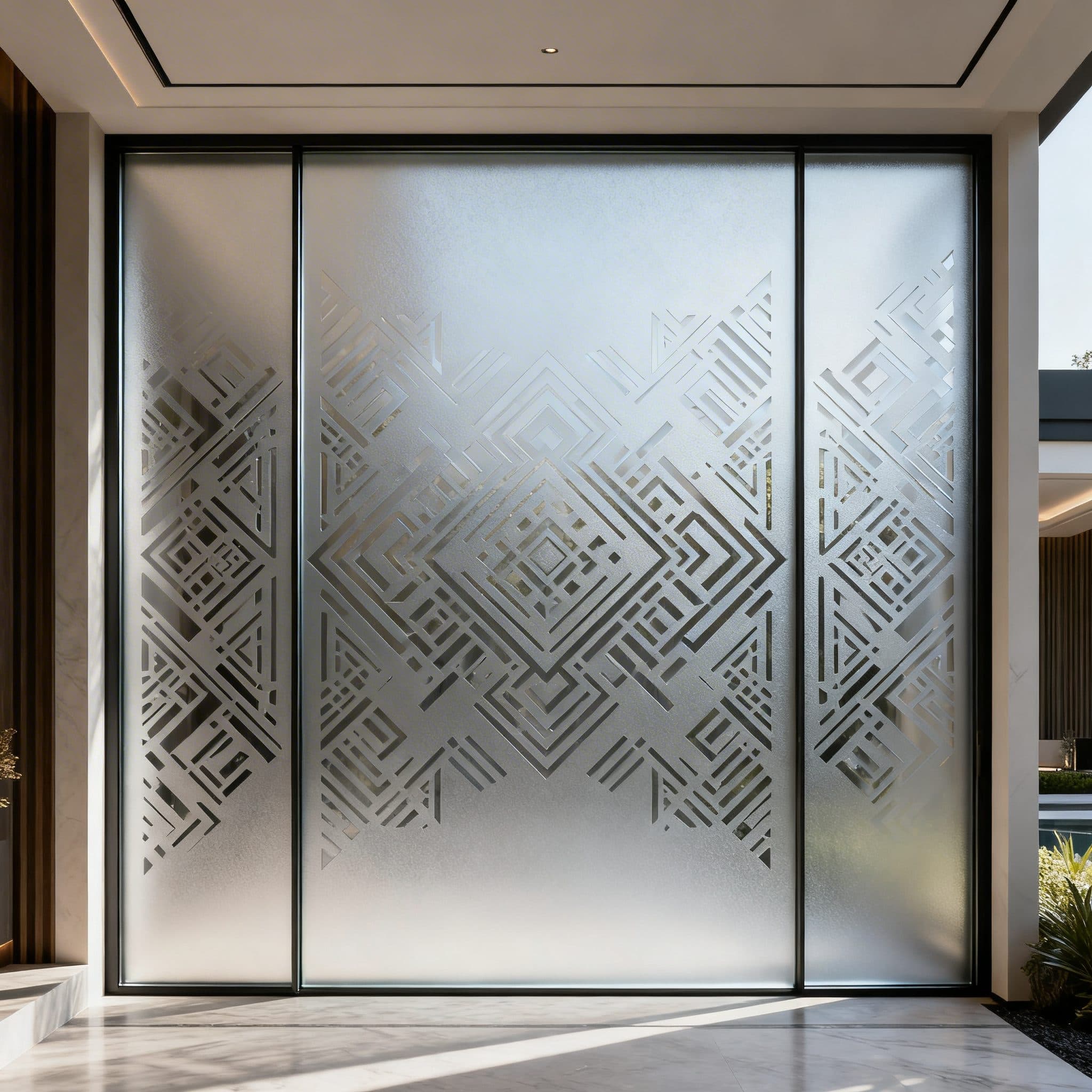 Window frosting with an intricate geometric pattern creating a modern entrance design.