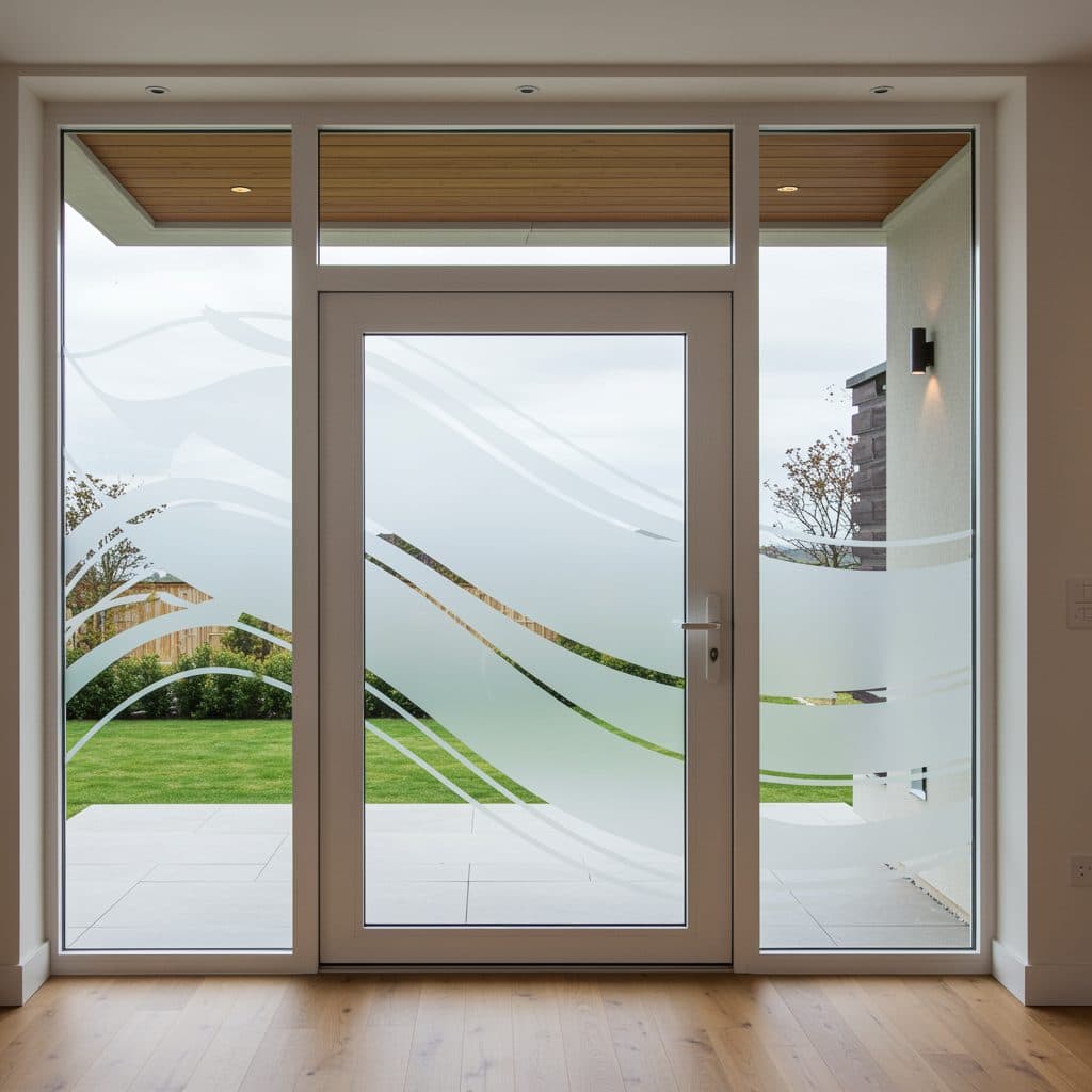 Glass door and windows with wavy privacy film, installed by one of the best wallpaper companies.