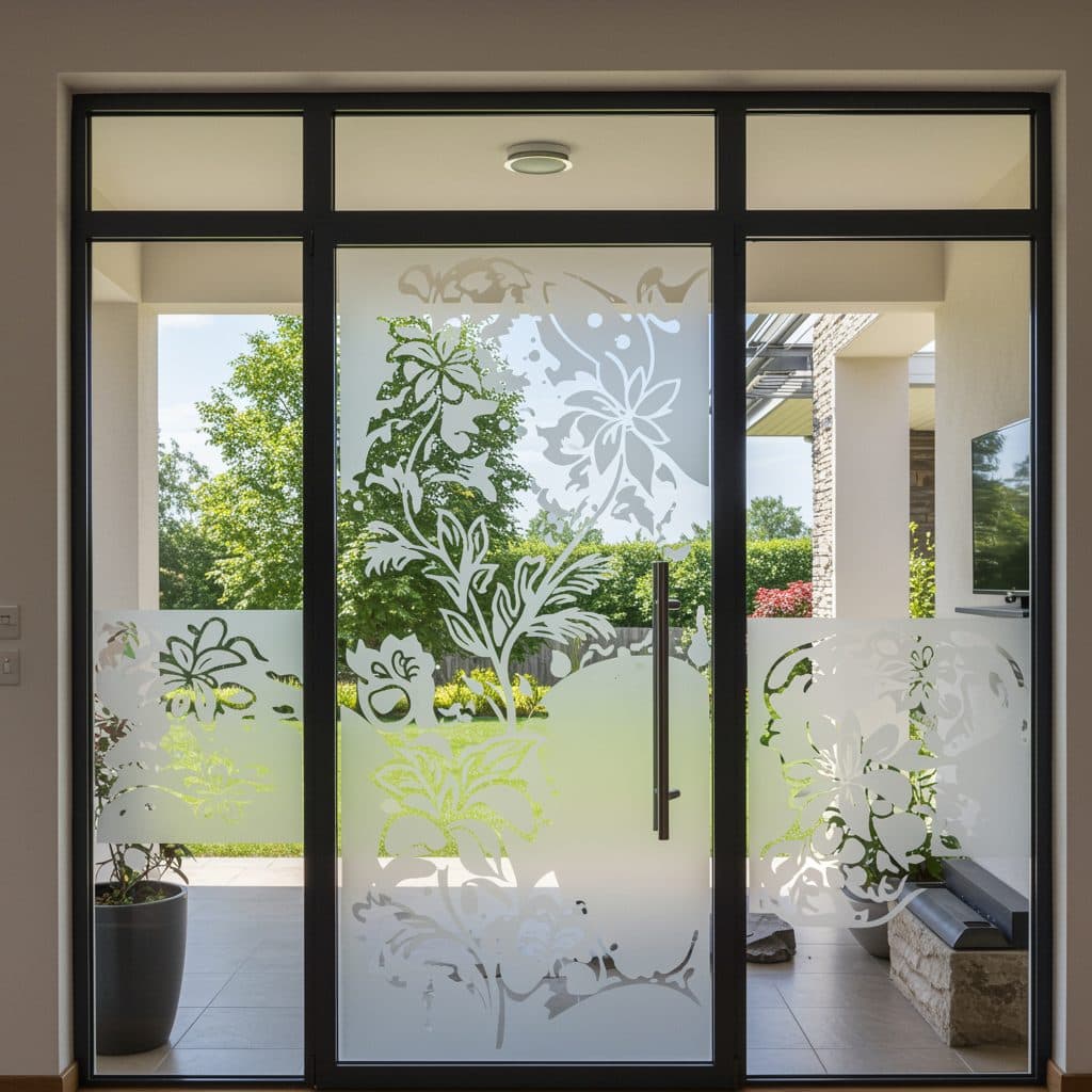 Glass entry door with botanical etched frosting, showcasing a custom wallpaper installation concept.