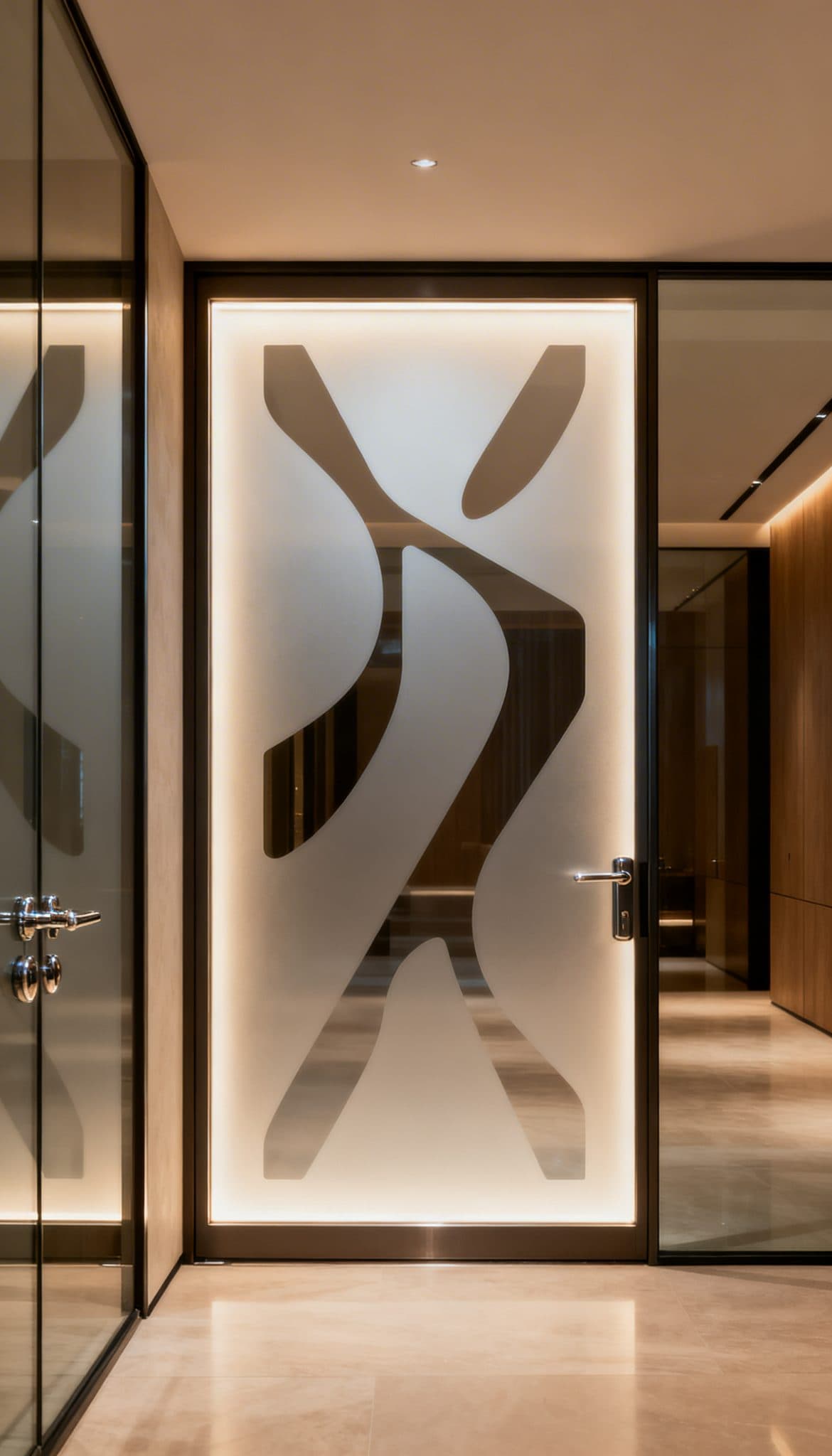 Frosted glass door with abstract organic pattern, a custom wallpaper installation in a modern hall.