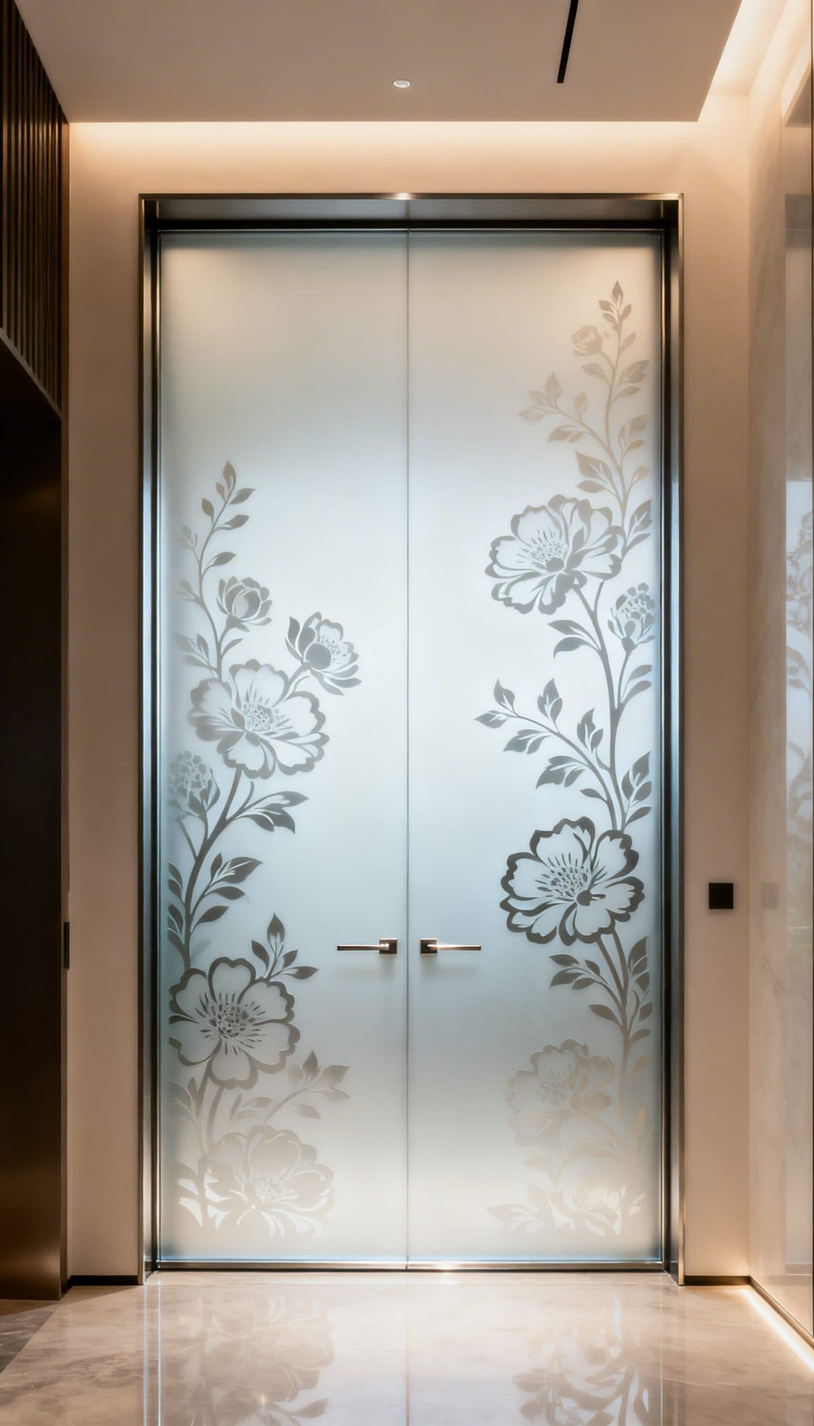 Frosted glass doors with elegant floral patterns, perfect for custom wallpaper and privacy solutions.