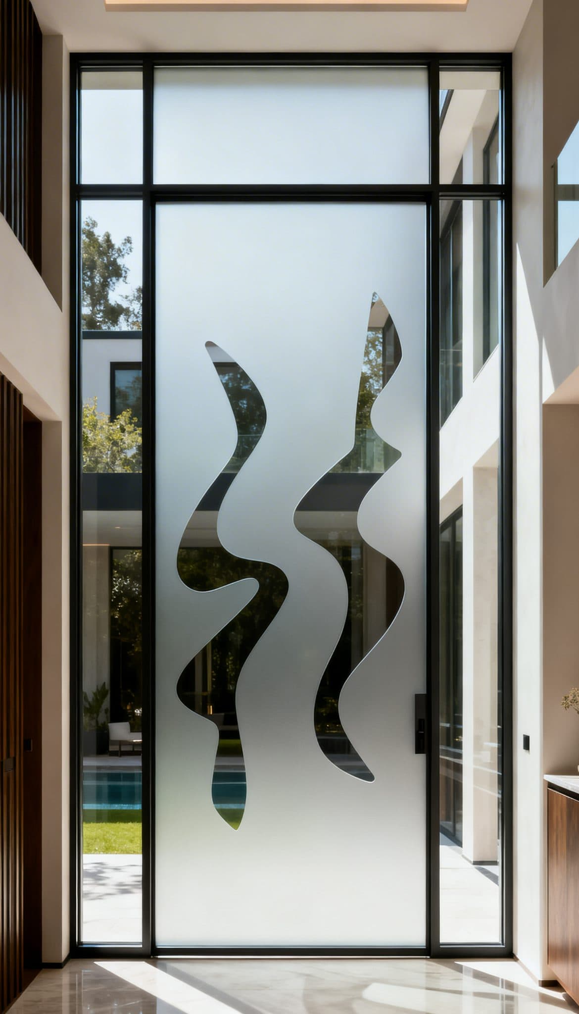 Glass door with abstract frosted privacy film, perfect for wallpaper installations in Gauteng.